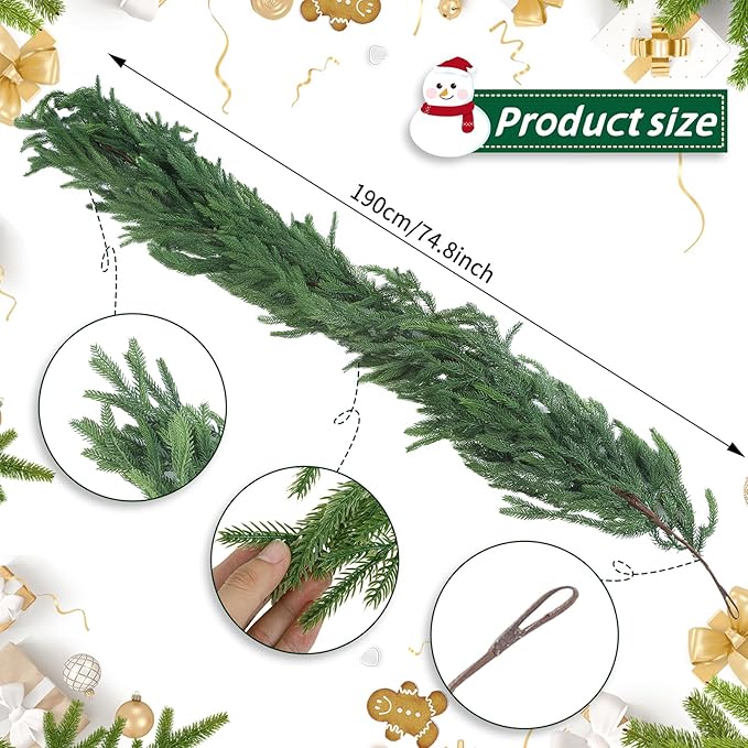 2 Pcs 6 Ft Artificial Norfolk Pine Christmas Garlands for Holiday Indoor Outdoor Decor，Real Touch Pine Garlands，Artificial Greenery Garland for Home Dining Table，Mantel，Wall Porch Christmas Decor. ﻿