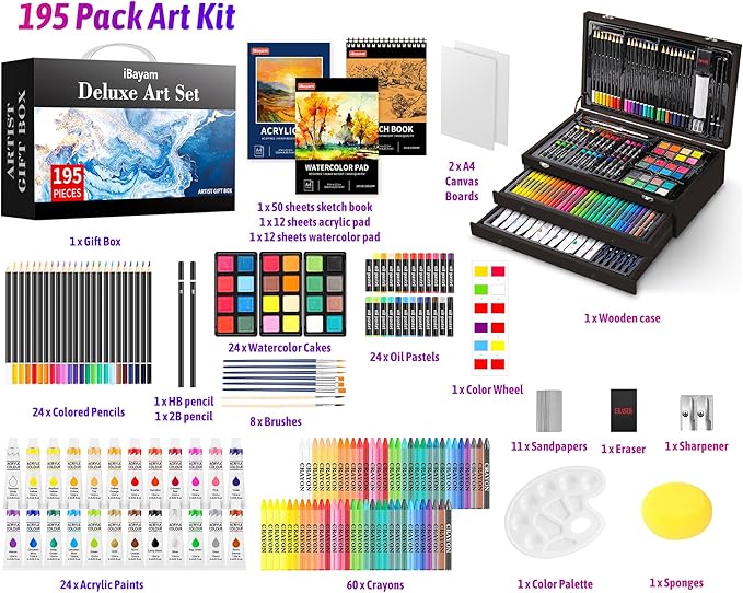 iBayam Deluxe Art Set,195-Pack Artist Gift Box, Arts and Crafts Drawing Painting Kit Art Supplies for Adults Teens Kids, Art Kits with 24 Acrylic Paint, Sketchbook, Canvases, Crayons, Pencils