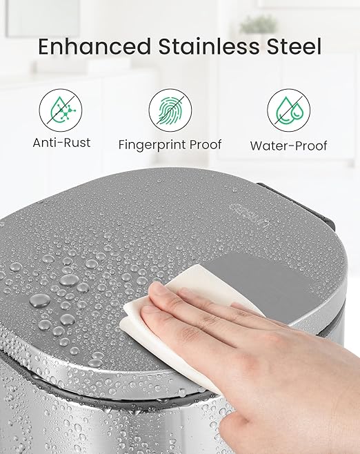 Cesun Bathroom Trash Can with Lid, 1.3 Gallon Small Garbage Can with Foot Pedal, Metal Round Wastebasket for Bathroom, Bedroom, Office, Silver