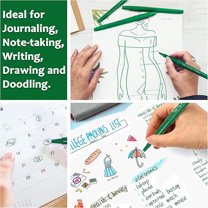 Lelix Felt Tip Pens, 15 Green Pack, 0.7mm Medium Point, Felt Tip Markers Pens for Journaling, Writing, Note Taking, Planner, Perfect for School Office and Art Supplies