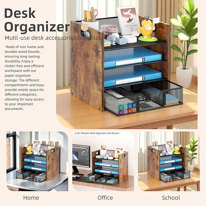 Wood Desk Organizer - 4-Tier Desktop File Organizer with Drawer, Wooden Paper Tray, Office Desk Organizer for Papers, Mail, Notebooks, Stationery