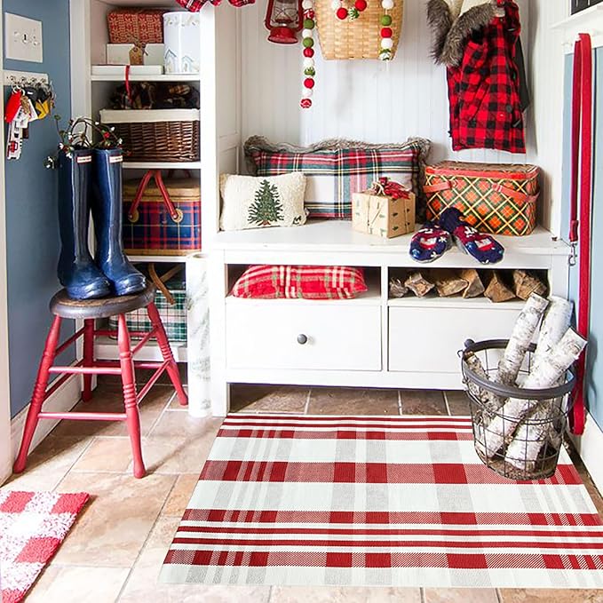 Christmas Plaid Outdoor Rug, 2'4" x 3'7" Red&White Check Indoor/Outdoor Area Rug, Layering Rug for Hello/Welcome Door Mat, Machine Washable Cotton Woven Rug for Farmhouse Front Porch,Entryway