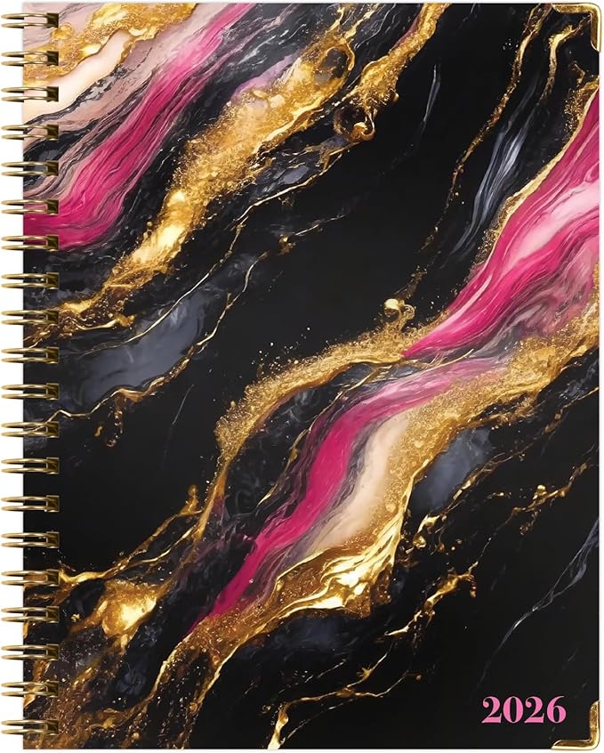 HARDCOVER 2026 Planner, 8.5"x11": 14 Months (November 2025 - December 2026), Daily Weekly Monthly Planner, Yearly Agenda, Bookmark, Pocket Folder and Sticky Note Set (Dark Gold Marble)