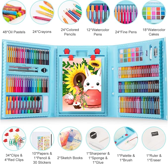 VigorFun Art Supplies, 240-Piece Drawing Art Kit, Gifts Art Set Case with Double Sided Trifold Easel, Includes Sketch Pads, Oil Pastels, Crayons, Colored Pencils, Watercolor Cakes, Stickers (Cyan)