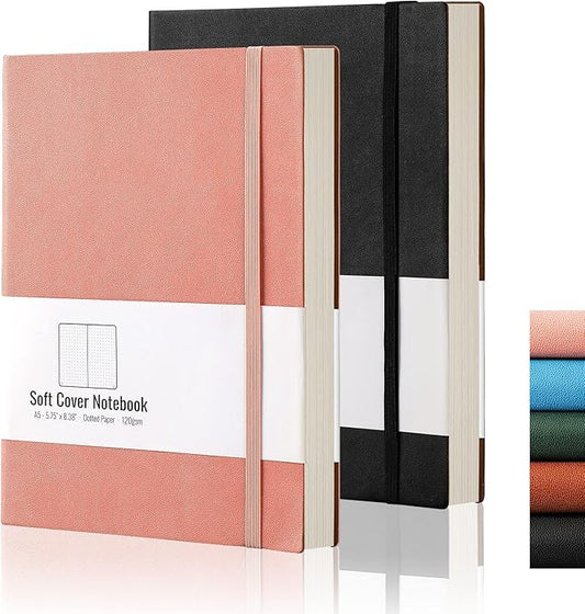 AHGXG Dotted Bullet Grid Journal 2 Pack - A5 Dot Grid Notebook for Women, Medium 5.75'' × 8.38'', 320 Numbered Pages, 120gsm Thick Dotted Paper, Soft Leather Cover (Black Pink)