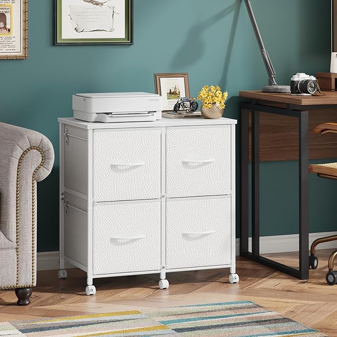 4 Drawer Lateral File Cabinet, Mobile Filing Cabinet for Large Printer, Home Office Functional Small Office Storage Cabinet & Printer Stand, Fabric Drawer, Fits Letter/A4, White
