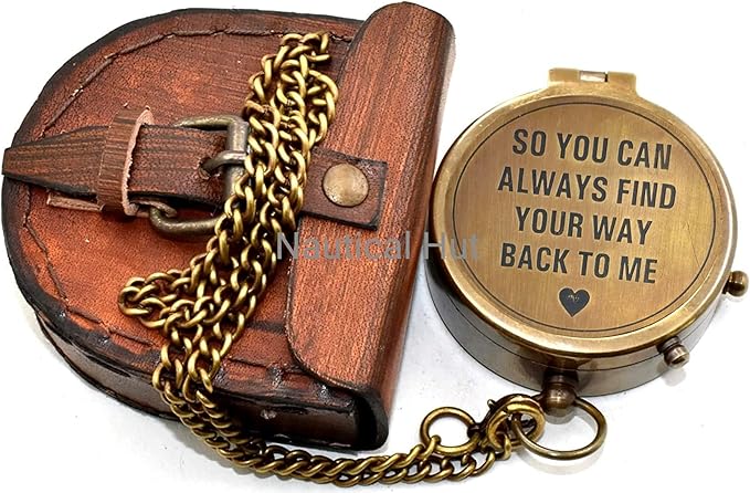 “So You Can Always Find Your Way Back Home” Engraved Brass Compass With Premium Leather Case & Chain - Brass Pocket Compass - Personalized Compass Gift For Hiking,Husband, Him, Her,Son, Graduation Day