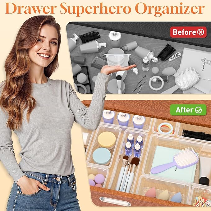 27 PCS Clear Plastic Drawer Organizers Set, 4-Size Versatile Bathroom and Vanity Drawer Organizer Trays, Storage Bins for Makeup, Bedroom, Kitchen Gadgets Utensils and Office