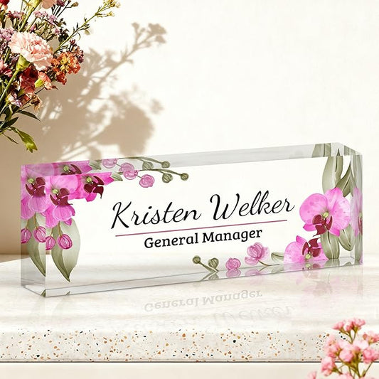 Ship Next Day-Custom Name Plate for Desk, Desk Name Plate Personalized, Acrylic Office Desk Accessories, Appreciation Gifts for Coworkers Employee Teachers Boss Women Men (Butterfly Orchid)