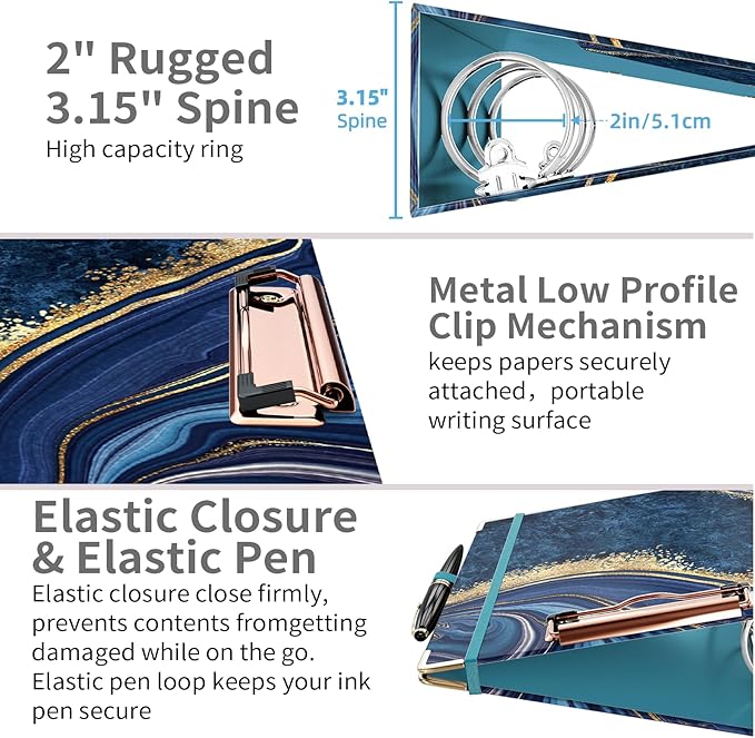 Ospelelf Mini 3-Ring Binder, 2-Inch, Cute for 5.5" x 8.5" with 5 Tab Dividers, File Folder Labels and Low Profile Clipboards, Blue Marble for School and Office