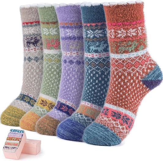 ICEIVY 5 Pair Fuzzy Cozy Socks for Women - Warm Comfy Soft Casual Home Sleep Winter Wool Socks - Gifts for Women