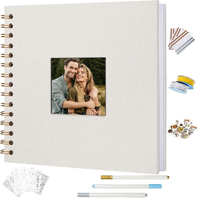 Vienrose 12x12 Inch Scrapbook Album DIY Large Hardcover Kraft White Pages Scrapbook Photo Album Linen Cover Scrap Book Photo Albums Scrapbooking Supplies Kit for Couple Family Wedding Travel