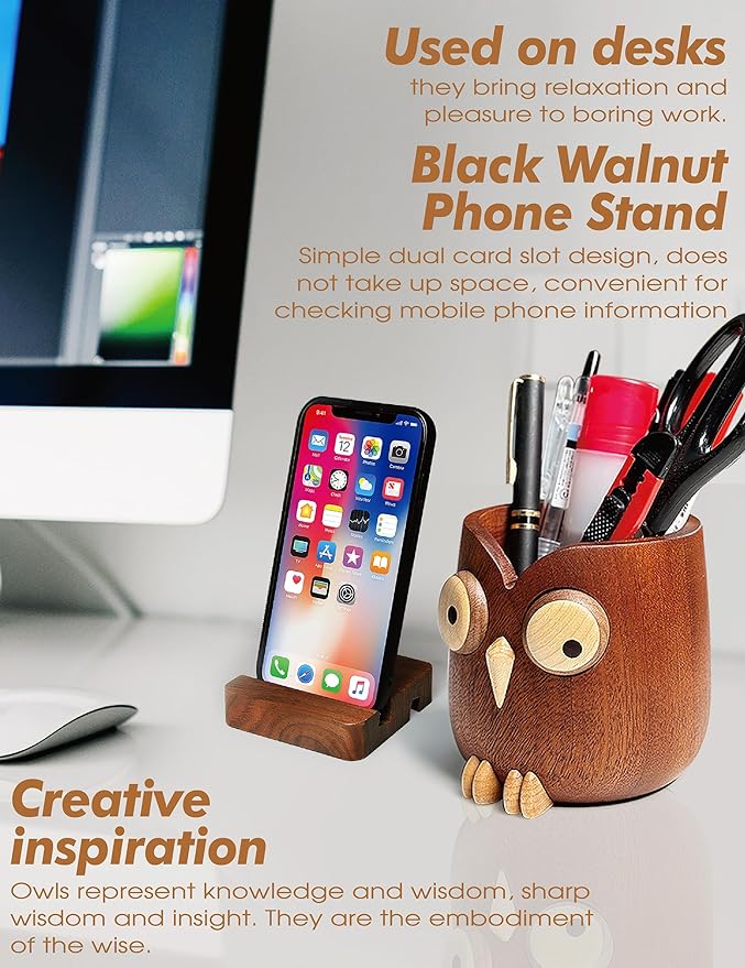 Cute owl pen holder Desk Organizer Decoration Pencil Holder Stand pen holder for desk phone stand for desk phone holder whole wood carving for office school Home office accessories gifts (dark brown)
