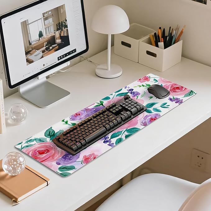 31.5”x11.8”Large Gaming Mouse Pad for Desk, Mouse Mat with Seamed Edges, Waterproof Desk Pad, Non-Slip Rubber Base, Keyboard Pad Computer Mat, Big XL Mousepad-Rose Watercolor Painting