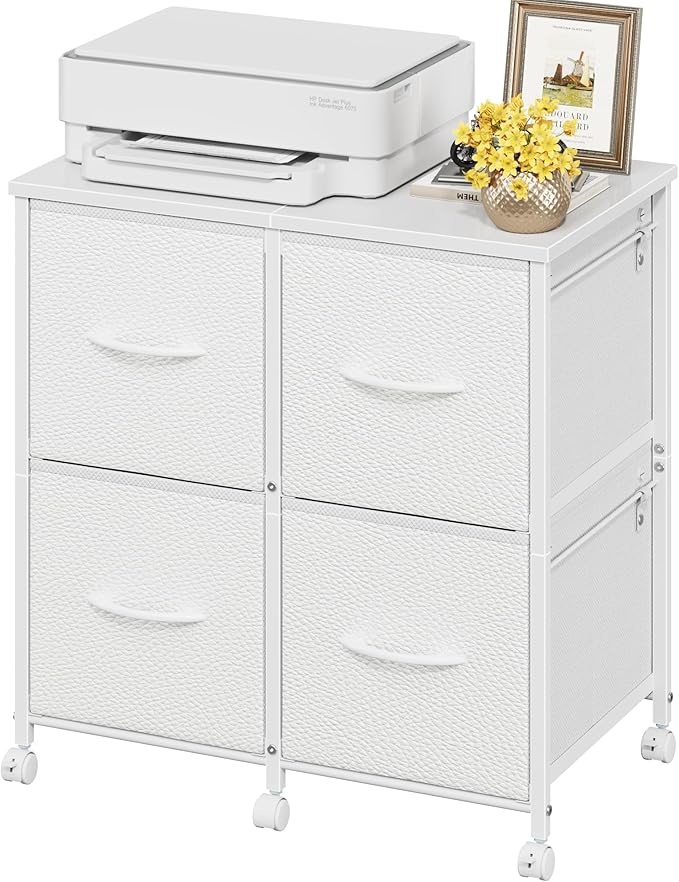 4 Drawer Lateral File Cabinet, Mobile Filing Cabinet for Large Printer, Home Office Functional Small Office Storage Cabinet & Printer Stand, Fabric Drawer, Fits Letter/A4, White