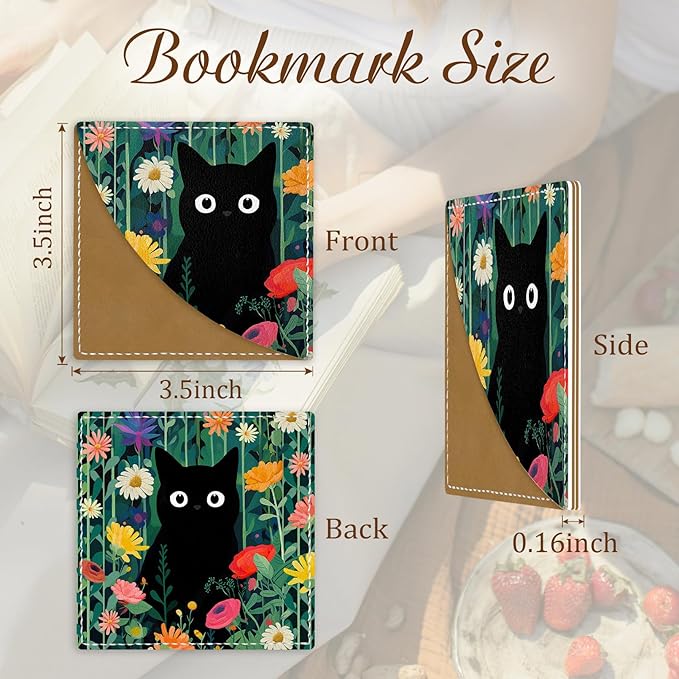 Cute Black Cat Floral Corner Bookmarks, Funny Leather Book Accessories for Book Lovers, 3 Pcs Reading Book Page Markers for Women Men Student Teacher Girls Boys Retirement Birthday Gifts