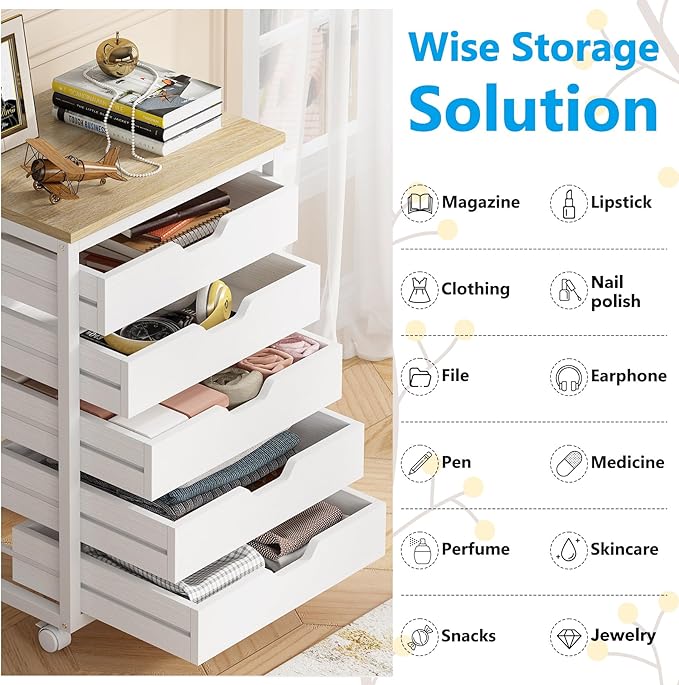Tribesigns 5 Drawer Chest, Wood Storage Dresser Cabinet with Wheels, Industrial Storage Drawer Organizer Cart for Office Bedroom Entryway (White, 1 PC)