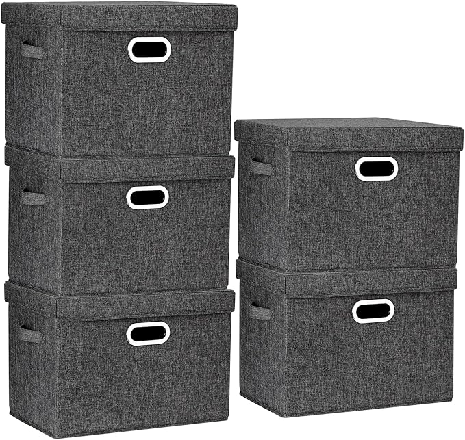 TYEERS Large Storage Bins with Lids, Collapsible, Washable, Fabric Storage Boxes for Organizing, 17.3x11.8x11.4 inches, 5 Pack, Black