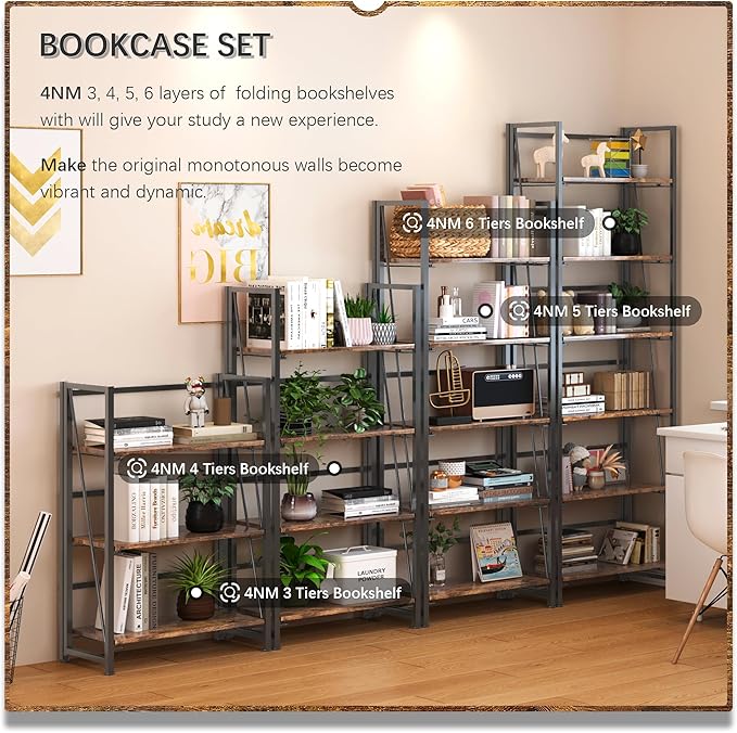 4NM No Assembly Folding Bookshelf, 6-Shelf 74" H Collapsible Foldable Bookcase Storage for Small Spaces, Rustic Brown and Black