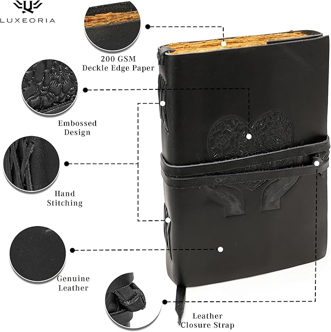 LUXEORIA Heart Journal for Women and Men, Handcrafted Leather Journal for Writing Womens, Sketchbook, Travel Diary with Unlined Deckle Paper, Black 7x10