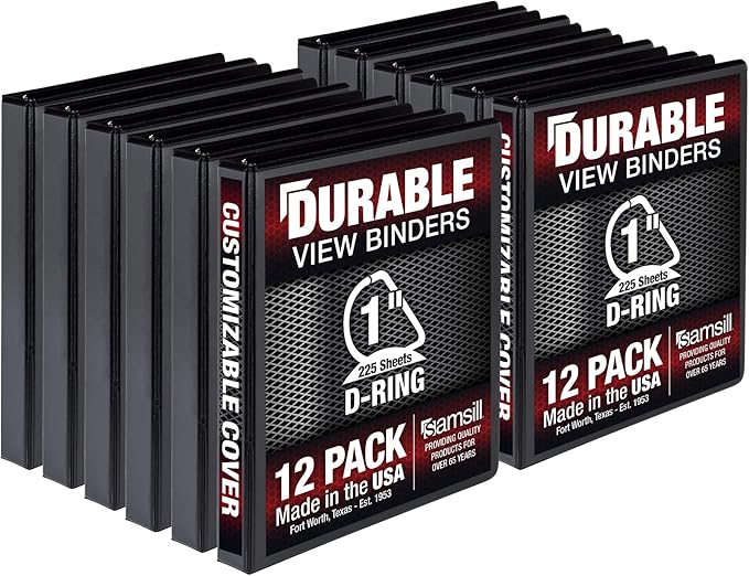 Samsill Durable 1 inch 3 Ring Binder, Made in USA, D Ring Binder, FSC 100% Recycled Chipboard, Black, 12 Pack
