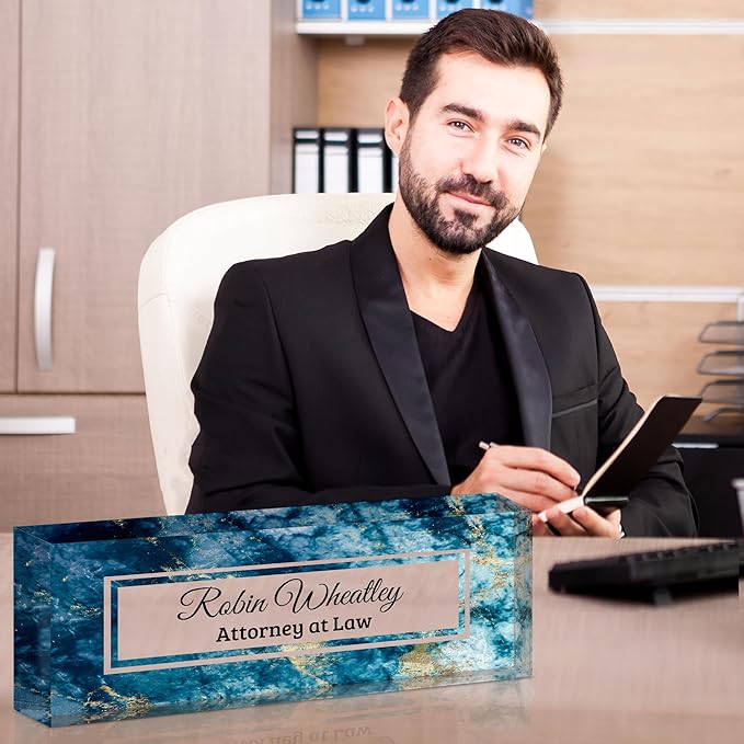 Ship Next Day-Custom Name Plate for Desk, Desk Name Plate Personalized, Acrylic Office Desk Accessories, Appreciation Gifts for Coworkers Employee Teachers Boss Women Men (Blue Marble)