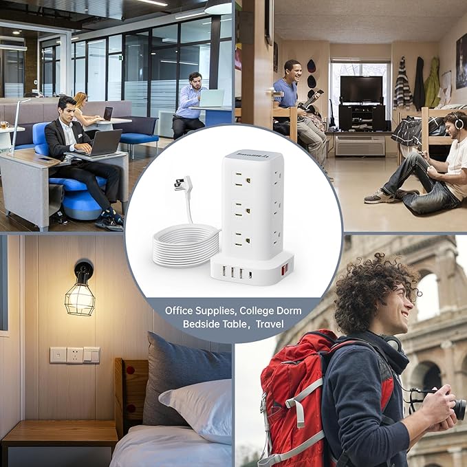 Surge Protector Power Strip Tower with Flat Plug, 10FT Ultra Thin Extension Cord with Multiple Outlets (1 USB-C), 1020J Protection，Desk Charging Station for Office, Dorm Room Essentials