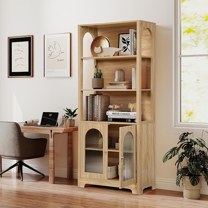 RARZOE 71" Tall Bookshelf and Bookcase, 5-Tier Arched Bookshelf with Glass Doors, Floor Standing 5 Shelf Book case, Wood Display Cabinet Storage Organizer for Living Room, Bedroom, Office(Natural)