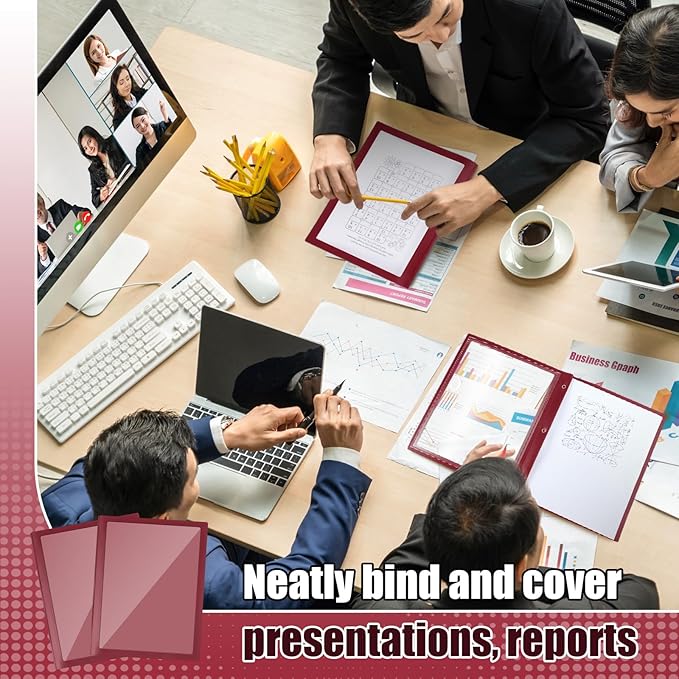 Teling 36 Pcs Report Covers with 3 Prong Fasteners Clear Front Presentation Folders Frame View Poly Report Folder Presentation Binder for Paper Document School Office (Red)