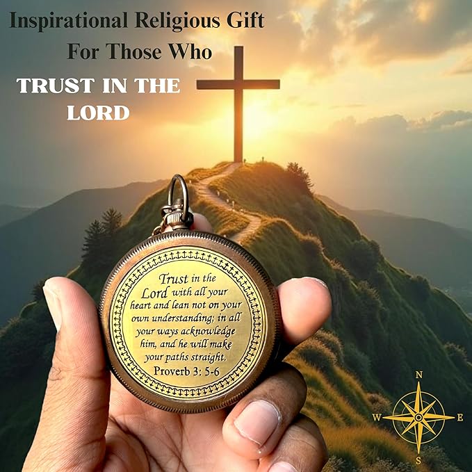 Trust in The Lord with All Your Heart -Proverbs 3: 5-6 Quote Engraved Compass with Wooden Box, Baptism Gifts for Boys, Inspirational Gifts Men, Graduation Day Gifts, First Communion Gifts