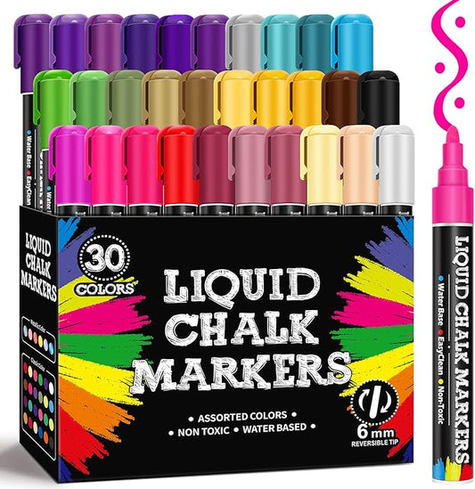 BainGesk 30 Colors Liquid Chalk Markers, Dust-Free Erasable Pens for Blackboards, Chalk Markers for Chalkboard, Windows, Glass, Mirror, Acrylic Dry Erase Board, 6mm Reversible Bullet & Chisel Tip