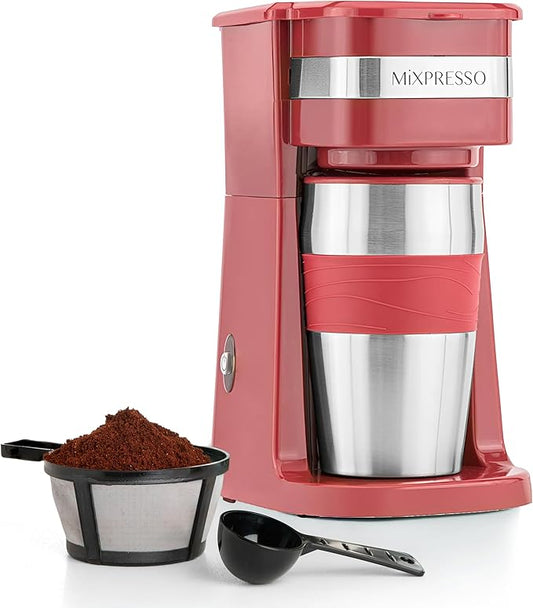 Mixpresso Red Personal Single Serve Coffee Maker with 14oz Travel Mug, Drip Small Coffee Maker with Auto Shut Off, Reusable Filter, Works with Ground Coffee Only – Not for K-Cup Pods