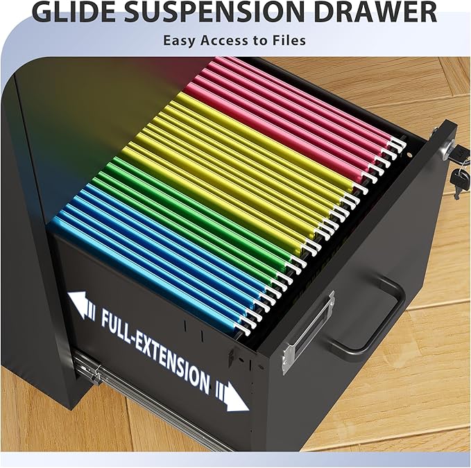 2 Drawer File Cabinet with Lock,Black Metal Vertical File Cabinets for Letter Size, Filing Cabinets for Home Office, Under Desk File Cabinet, Easy Assemble