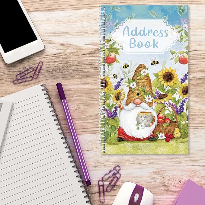 Current Gnome Sweet Gnome Address Book-94 Pages; Small 5" x 8-1/2" Size for Purse or Office,Spiral Bound Soft Cover Organizer for Contacts, Addresses,Email, & Phone Numbers + 50 Replacement Stickers