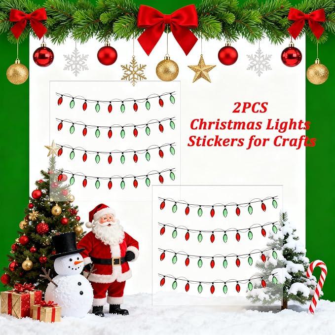 2 Sheets Christmas Lights Stickers for Crafts, 3D Christmas Light Embellishment Stickers, Gem Border Dimensional Sticker, Glitter Glue Stickers for Festive Crafts, Scrapbooking and Decoration