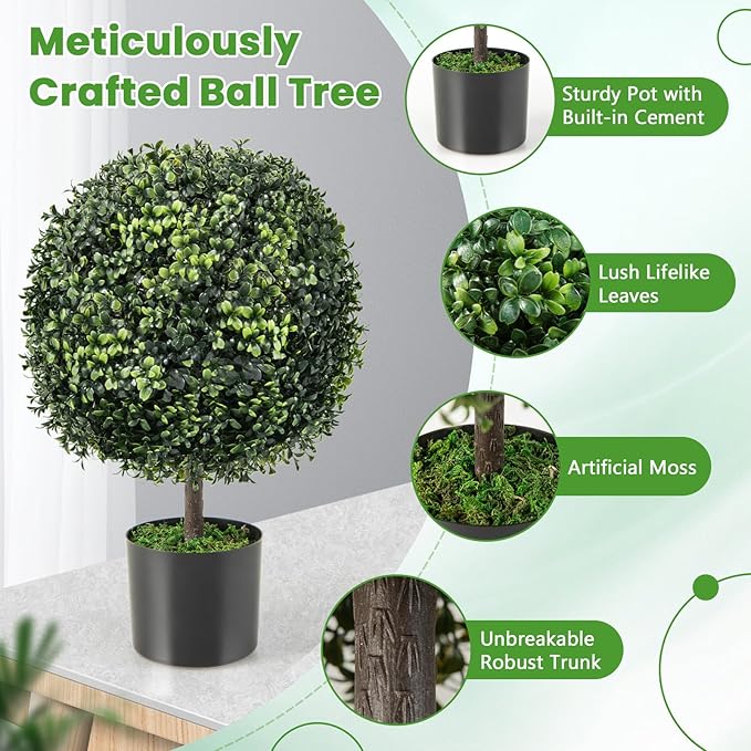Goplus 22” Artificial Boxwood Topiary Ball Tree, Set of 2 Faux Potted Plants Artificial Shrubs Bushes with Cement Pot, Fake Evergreen Artificial Topiary for Indoor Outdoor Home Front Porch Decor