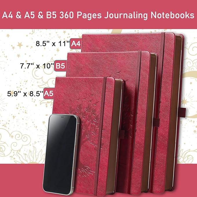 Thick Lined Journal Notebook with Pen, 360 Pages 100gsm Paper, Brown Sprayed Edge, Journal for Writing B5 Ruled Notebook ,Leather Hardcover,Perfect for Work, Office or School, 7.8'' x 10'' Wine Red