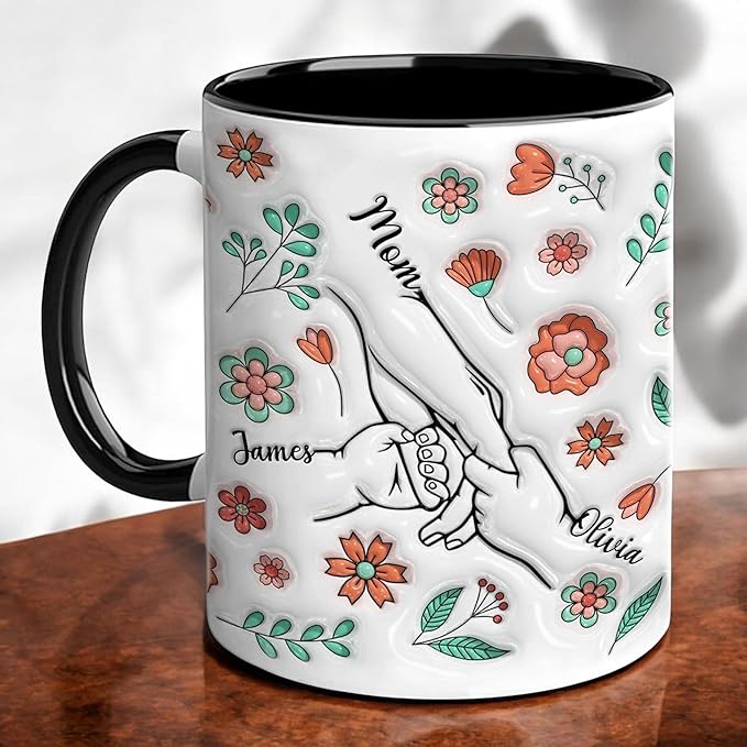 LOVELYPOD Custom Mom Coffee Mug with Kids Names, You Hold Our Hands Also Our Hearts Mug, Coffee Cups for Mama, Personalized Coffee Mugs, Mothers Day Mugs, Gifts for Mom from Daughter Son