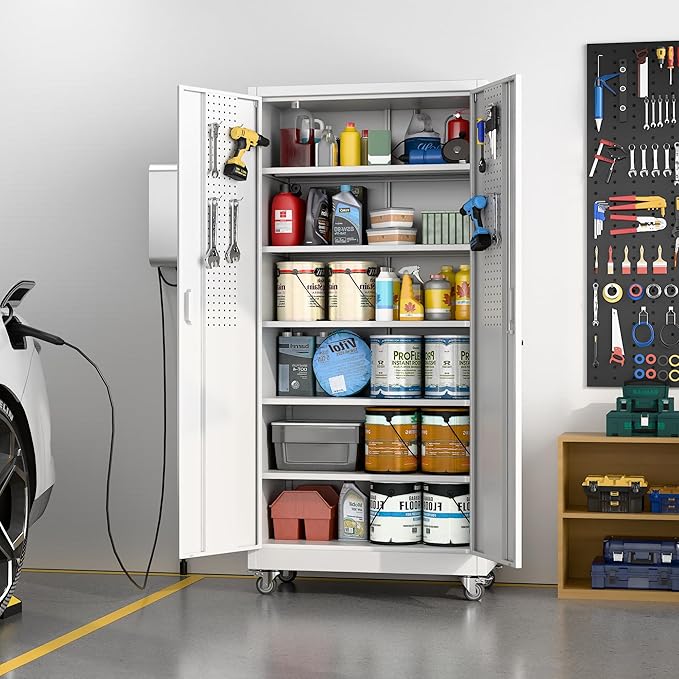 Aobabo Metal Storage Cabinet with Wheels,Heavy Duty Office Storage Cabinet with Lock,Steel Cabinet with 2 Doors and 5 Adjustable Shelves for Office Home School Storage,Required-Assembly White