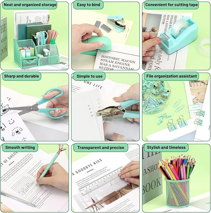 13-in-1 Office Desk Organizer Set with Stapler and Tape Dispenser, Pen Holder, Scissors, Ruler, Hole Punch, 2 Pens & More Desktop Accessories for Back to School Supplies (Green)