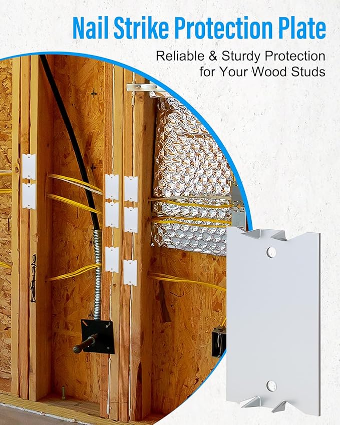 200 Pack Nail Protection Plates for Wood Studs, 2.5 x 1.5 Inch Cable Protector Plate, Metal Anti-Nail Shield with Sharp Pointed Prongs for Plumbing & Electrical Wiring