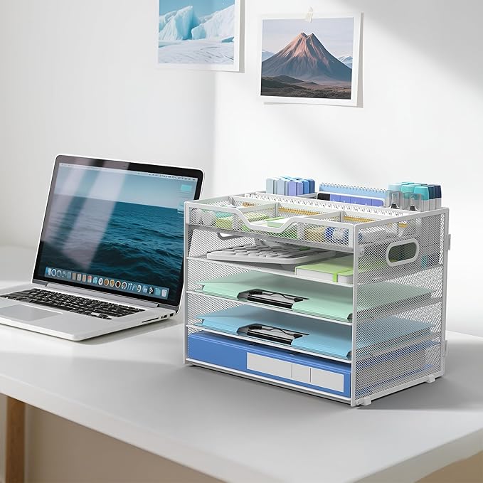 Docnest 5 Tier Mesh Desk Organizer- Letter Tray with Adjustable Compartments, Mesh Desktop Storage Built in Pen Holder and Handles, Desk Organizer Tray for Mail Documents Office Supplies–White