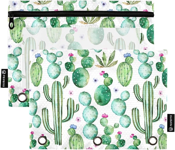 ALAZA Pencil Pouch for 3 Ring Binder, Watercolor Cactus Cacti Binder Pencil Pouches with Clear Window Zipper Pencil Case Cosmetic Bags for Office College Supplies, 2PCS