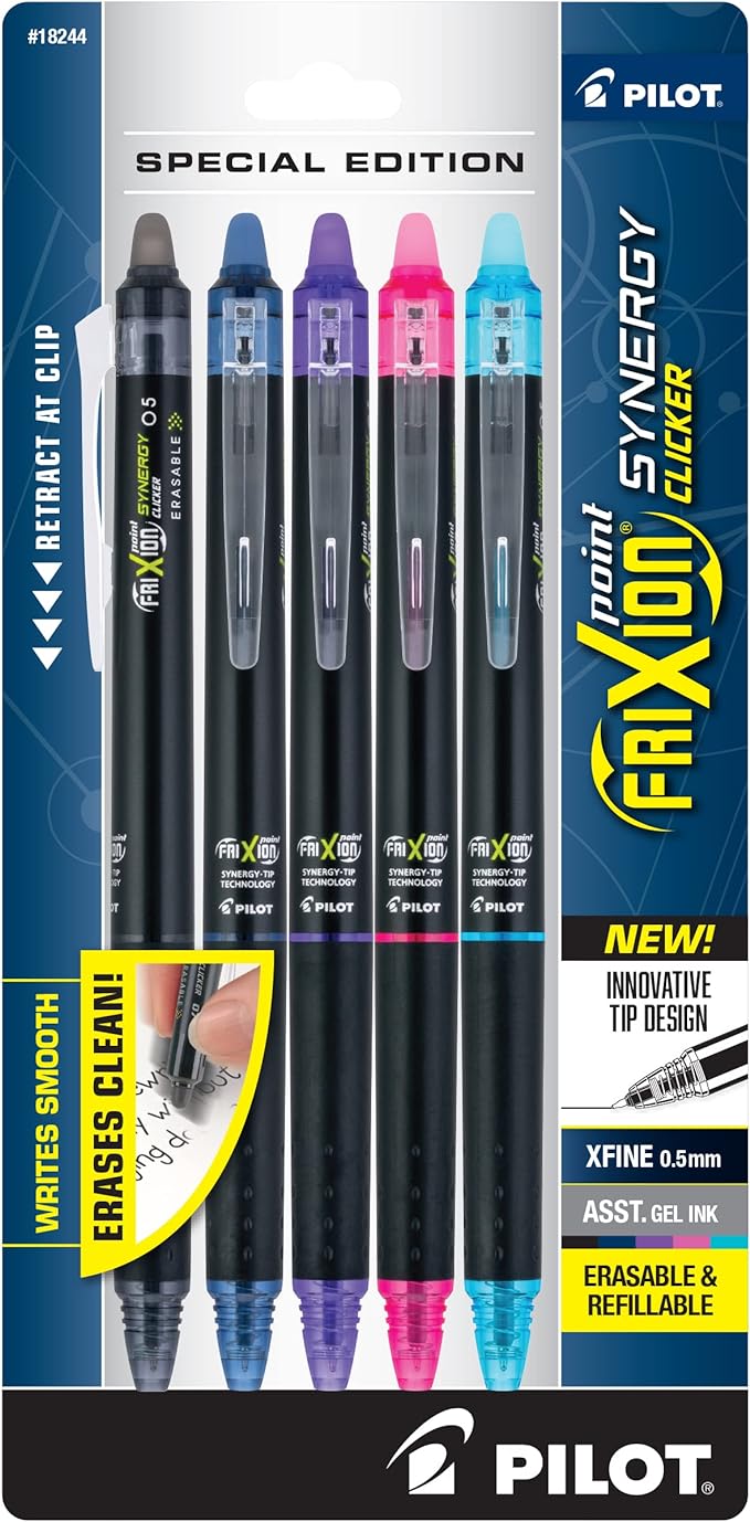 PILOT FriXion Synergy Clicker Erasable, Refillable & Retractable Gel Ink Pens, Extra Fine Point, Assorted Ink Colors, 5-Pack (18244)