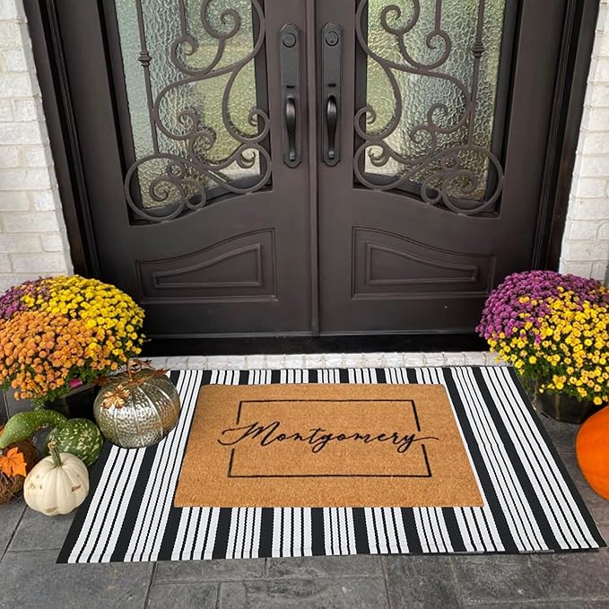 CAINANEL Black and White Striped Outdoor Rug 27.5'' x 43'' Front Door Mat Handwoven Cotton Indoor/Outdoor for Layered Door Mats,Welcome Door Mat, Front Porch,Farmhouse,Entry Way