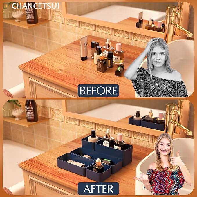 Drawer Organizers, Storage Plastic Desk Bins Stackable Organizers Tray, Bathroom Dividers Small Makeup Bin Clothes Organizing Trays for Containers Vanity Office Cabinet Sliverware Set, Blue