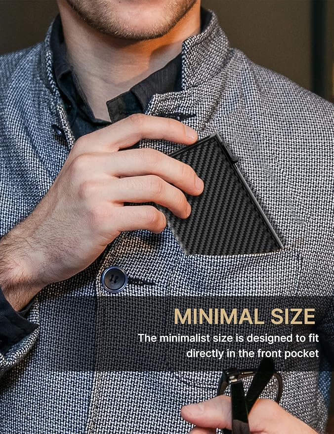 typecase Mens Wallet Card Holder: Pop Up Aluminum Case, Genuine Leather, Smart, RFID Blocking, Slim, Minimalist, Front Pocket - 9-14 Card Capacity | ID Window | Cash Slot (Carbon Fiber)