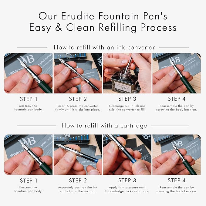 Wordsworth & Black Fountain Pen Set, Medium Nib, Includes 24 Pack Ink Cartridges, Ink Refill Converter & Gift Pouch, Chrome Finish, Calligraphy, [Racing Green], Perfect for Men & Women