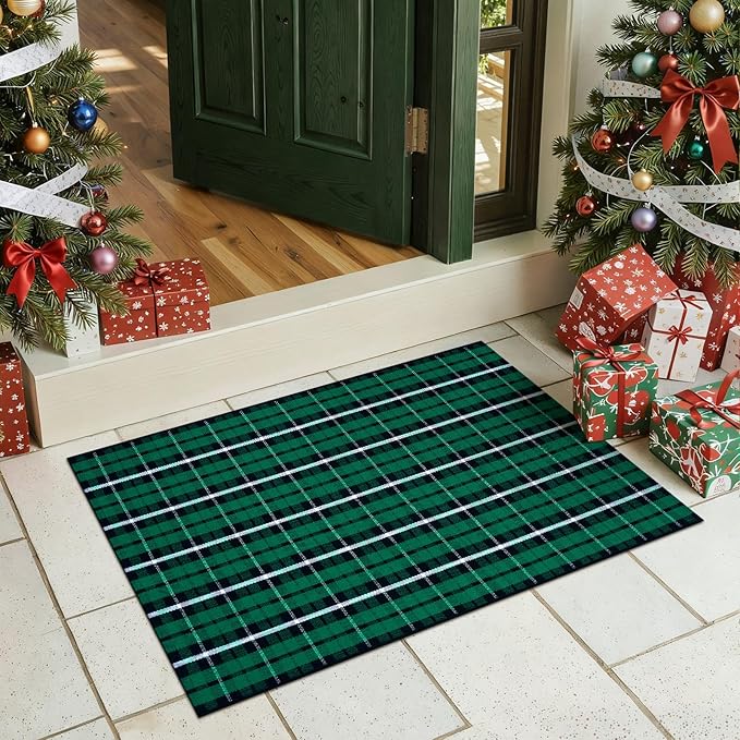 KIMODE Christmas Buffalo Plaid Front Door Mat, 24"x36" Cotton Woven Black and Green Checkered Outdoor Rug, Farmhouse Washable Doormat Outside Entrance for Porch Entryway Kitchen