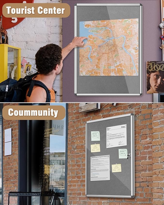 38"x28" Enclosed Bulletin Board, Lockable Weather-Resistant Aluminum Cork Noticeboard for School & Office, Silver Frame w/Grey Flet